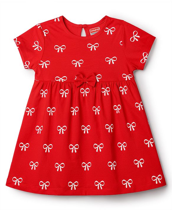 Babyhug 100% Cotton Single Jersey Knit Half Sleeves Bow Printed Frock With Bloomer & Bow Applique - Red