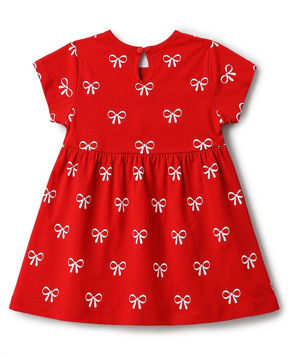 Babyhug 100% Cotton Single Jersey Knit Half Sleeves Bow Printed Frock With Bloomer & Bow Applique - Red