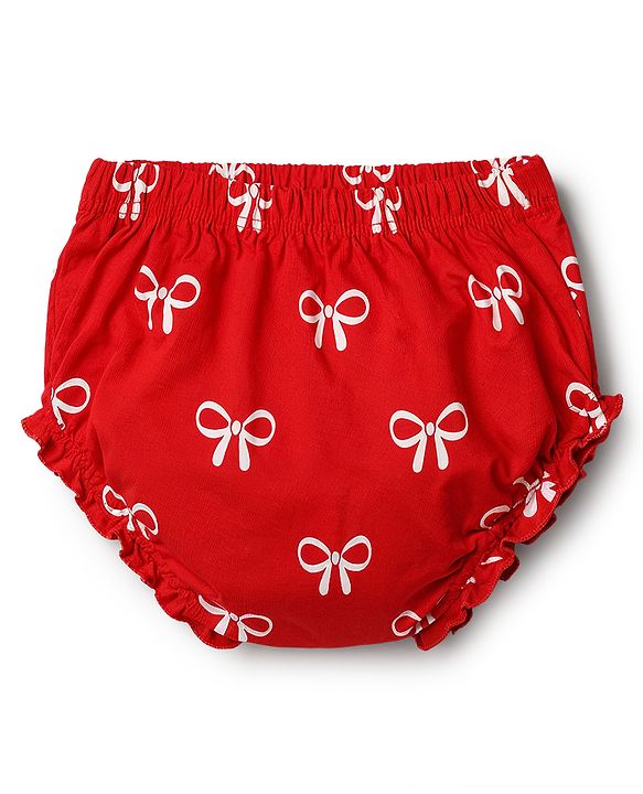 Babyhug 100% Cotton Single Jersey Knit Half Sleeves Bow Printed Frock With Bloomer & Bow Applique - Red
