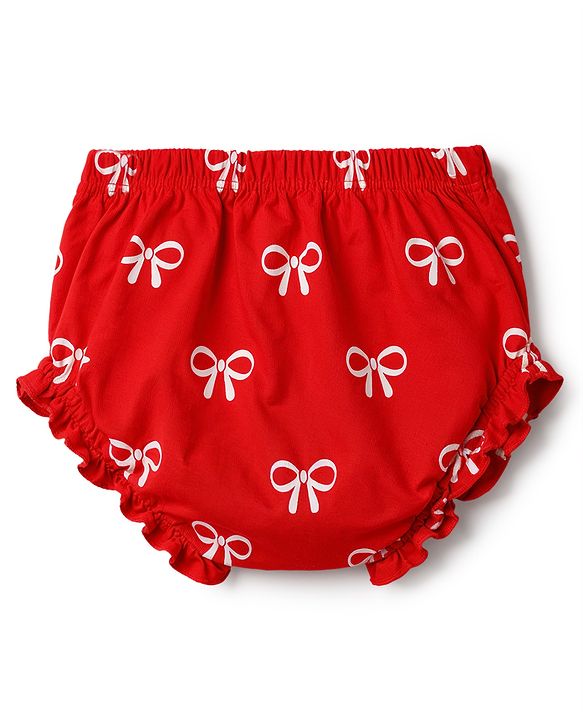 Babyhug 100% Cotton Single Jersey Knit Half Sleeves Bow Printed Frock With Bloomer & Bow Applique - Red