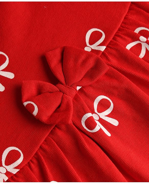 Babyhug 100% Cotton Single Jersey Knit Half Sleeves Bow Printed Frock With Bloomer & Bow Applique - Red