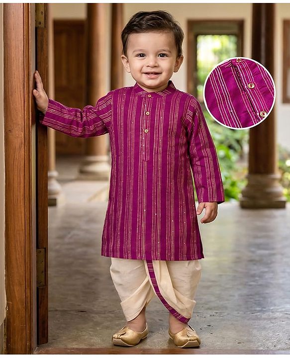 Babyhug Cotton Blend Woven Full Sleeves Foil Printed Dhoti Kurta Set - Wine