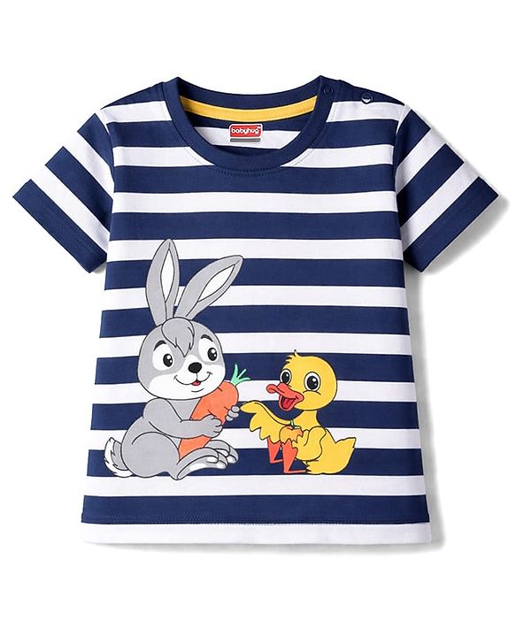 Babyhug Single Jersey Knit Half Sleeves Stripes T-Shirt & Shorts Set with Bunny & Duck Print - Yellow