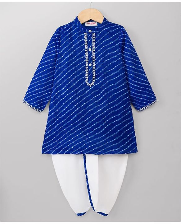 Babyhug 100% Cotton Woven Full Sleeves Cambric Leheriya Kurta & Dhoti Set - Blue