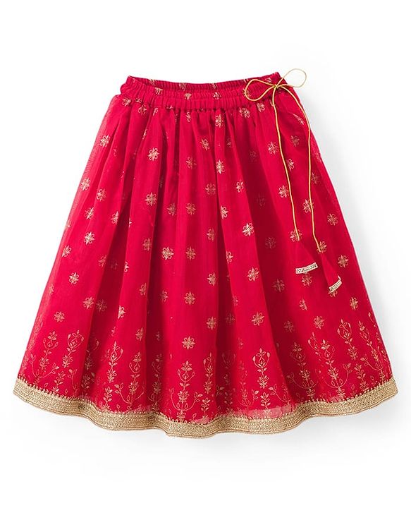 Babyhug Woven Half Sleeves Foil Printed & Embroidered  Choli Lahenga Set with Dupatta -  Red