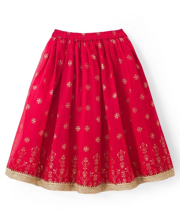 Babyhug Woven Half Sleeves Foil Printed & Embroidered  Choli Lahenga Set with Dupatta -  Red