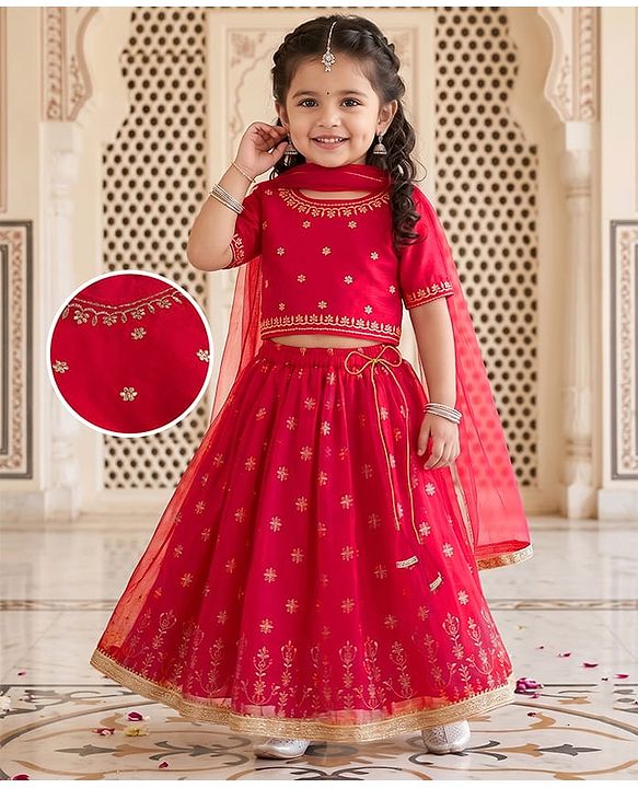 Babyhug Woven Half Sleeves Foil Printed & Embroidered  Choli Lahenga Set with Dupatta -  Red