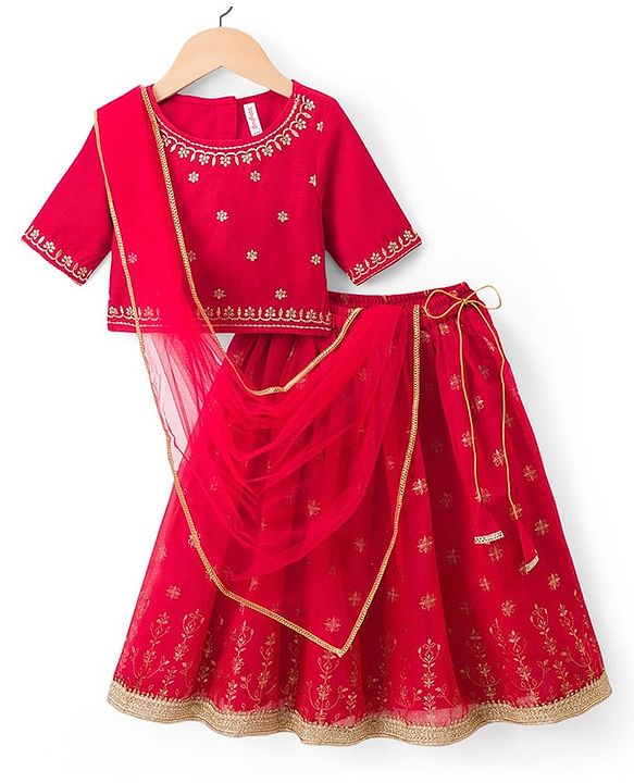 Babyhug Woven Half Sleeves Foil Printed & Embroidered  Choli Lahenga Set with Dupatta -  Red