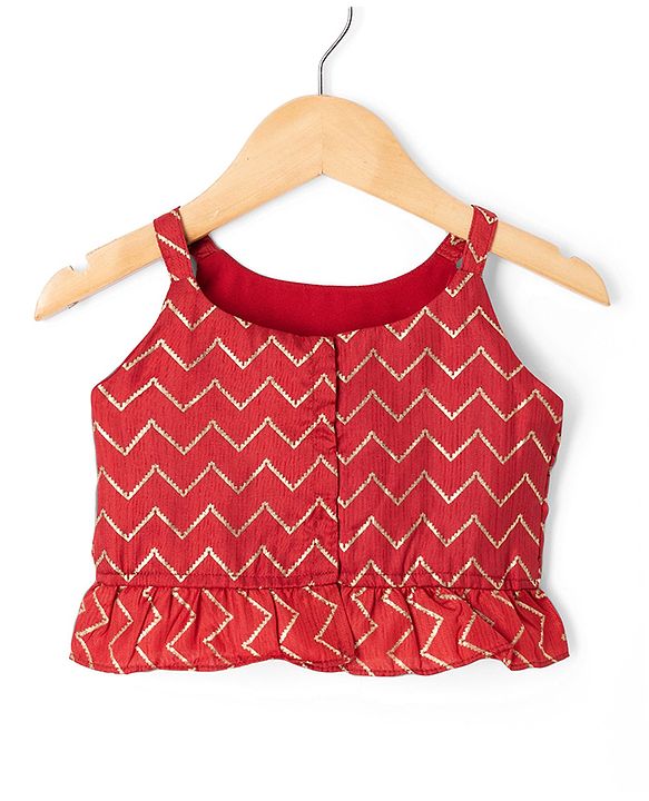 Babyhug Cotton Woven Sleeveless Printed Lehenga Choli Set With Dupatta & Lace Detailing - Maroon