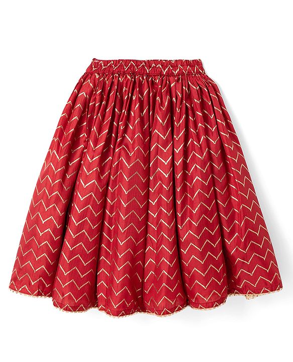 Babyhug Cotton Woven Sleeveless Printed Lehenga Choli Set With Dupatta & Lace Detailing - Maroon