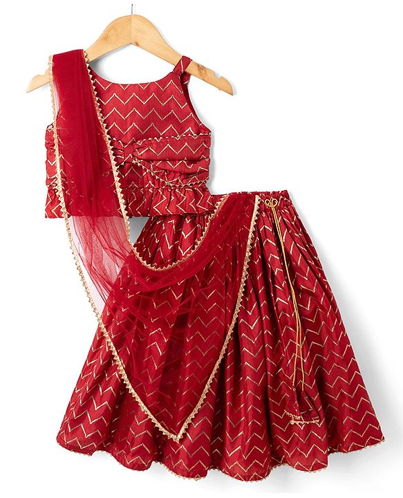 Babyhug Cotton Woven Sleeveless Printed Lehenga Choli Set With Dupatta & Lace Detailing - Maroon