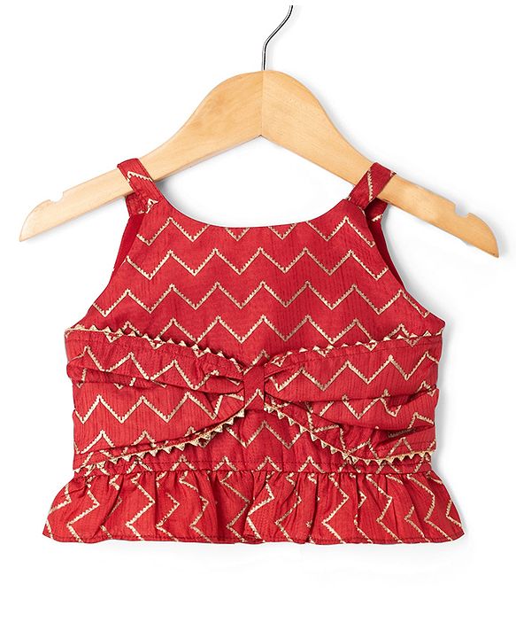 Babyhug Cotton Woven Sleeveless Printed Lehenga Choli Set With Dupatta & Lace Detailing - Maroon