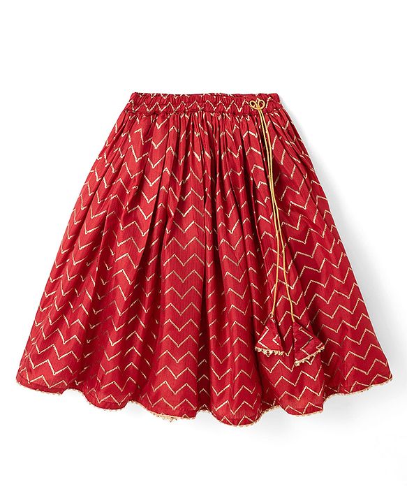 Babyhug Cotton Woven Sleeveless Printed Lehenga Choli Set With Dupatta & Lace Detailing - Maroon