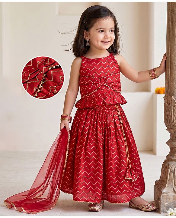 Babyhug Cotton Woven Sleeveless Printed Lehenga Choli Set With Dupatta & Lace Detailing - Maroon