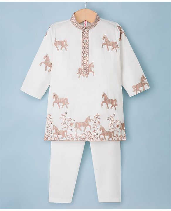 Babyhug Woven Full Sleeves Horse Embroidered Kurta & Pyjama Set - OffWhite