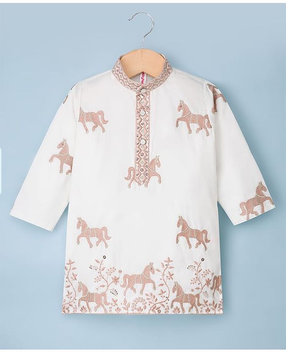 Babyhug Woven Full Sleeves Horse Embroidered Kurta & Pyjama Set - OffWhite