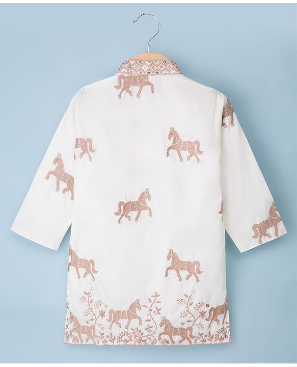 Babyhug Woven Full Sleeves Horse Embroidered Kurta & Pyjama Set - OffWhite