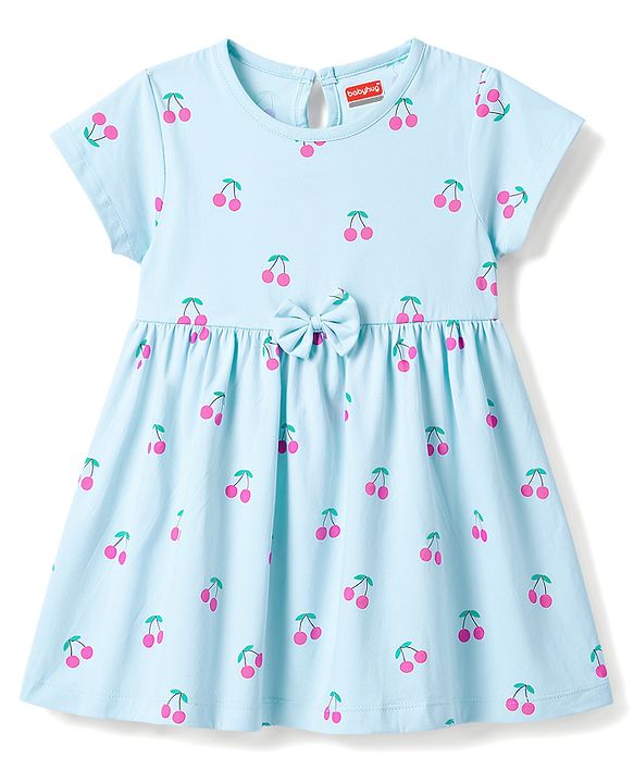 Babyhug 100% Cotton Knit Half Sleeves Cherry Printed Frock With Bloomer With Bow Applique - Light Blue
