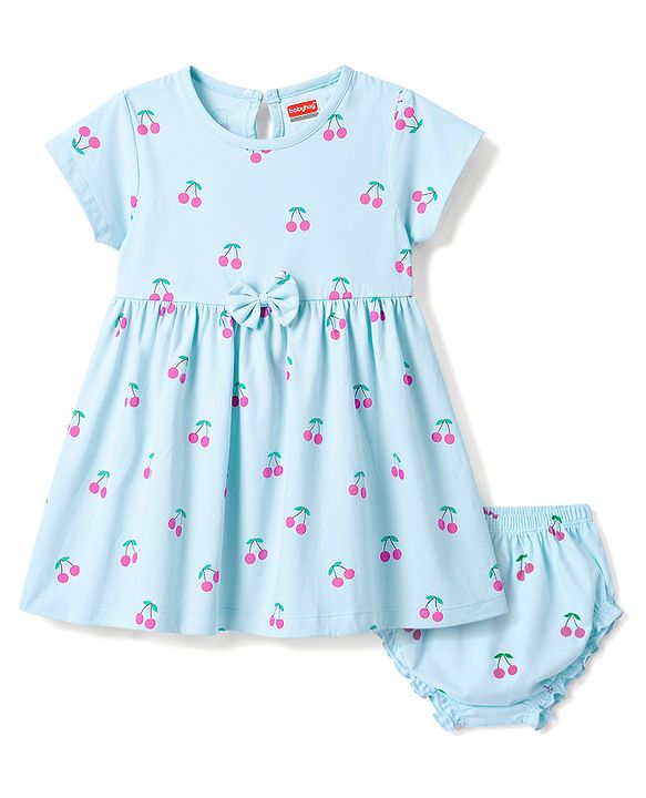 Babyhug 100% Cotton Knit Half Sleeves Cherry Printed Frock With Bloomer With Bow Applique - Light Blue