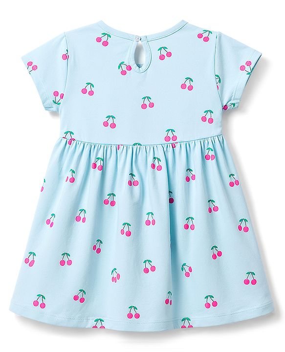 Babyhug 100% Cotton Knit Half Sleeves Cherry Printed Frock With Bloomer With Bow Applique - Light Blue