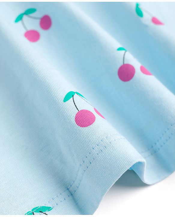 Babyhug 100% Cotton Knit Half Sleeves Cherry Printed Frock With Bloomer With Bow Applique - Light Blue