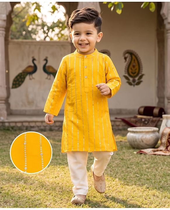 Babyhug Cotton Blend Woven Full Sleeves Kurta Pyjama Set With Sequin Detailing - Yellow