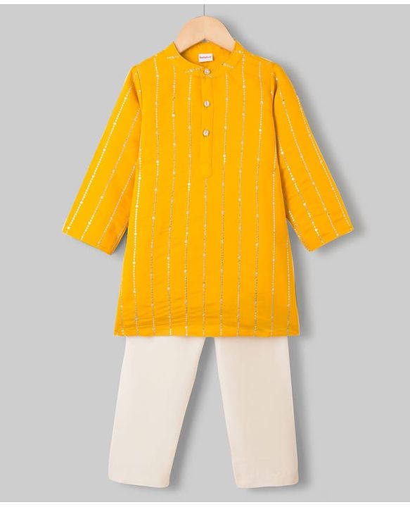 Babyhug Cotton Blend Woven Full Sleeves Kurta Pyjama Set With Sequin Detailing - Yellow