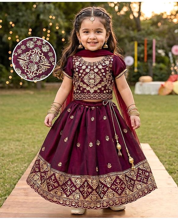 Babyhug Chiffon Woven Half Sleeves Choli Lehenga Set With Floral Embroidery & Dupatta - Maroon