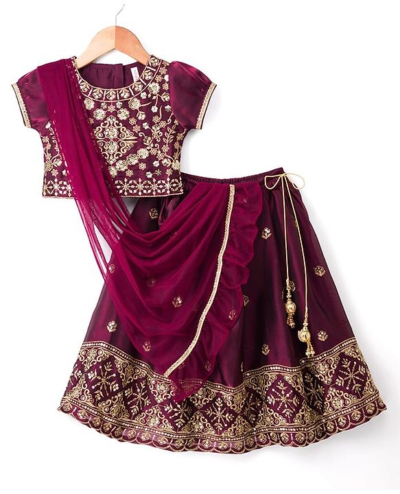 Babyhug Chiffon Woven Half Sleeves Choli Lehenga Set With Floral Embroidery & Dupatta - Maroon