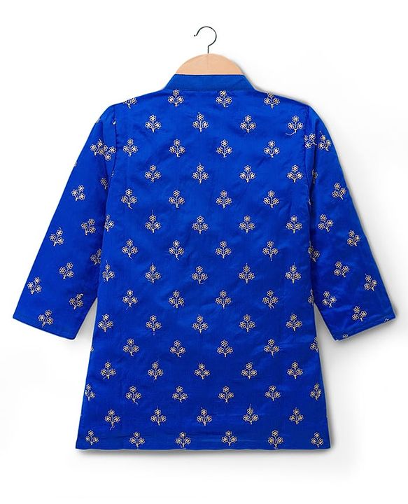 Babyhug Chanderi Woven Full Sleeves Kurta Pyjama Set with Floral Embroidery - Blue
