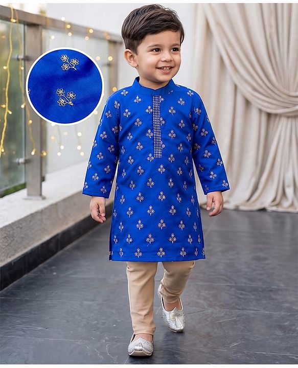 Babyhug Chanderi Woven Full Sleeves Kurta Pyjama Set with Floral Embroidery - Blue