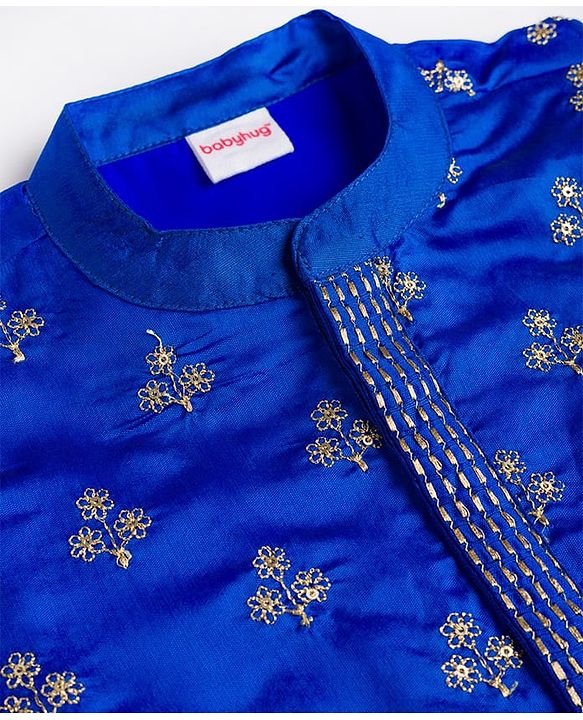 Babyhug Chanderi Woven Full Sleeves Kurta Pyjama Set with Floral Embroidery - Blue