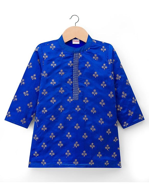 Babyhug Chanderi Woven Full Sleeves Kurta Pyjama Set with Floral Embroidery - Blue