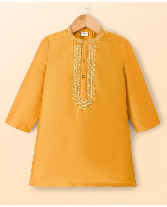 Babyhug Cotton Blend Woven Full Sleeves Kurta Pajama Set with Floral Embroidery - Orange