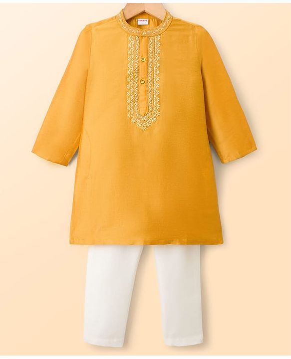 Babyhug Cotton Blend Woven Full Sleeves Kurta Pajama Set with Floral Embroidery - Orange