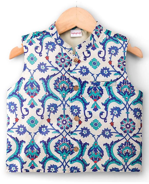 Babyhug Cotton Blend Woven Full Sleeves Kurta Pyjama Set With Floral Printed Nehru Jacket - Navy Blue