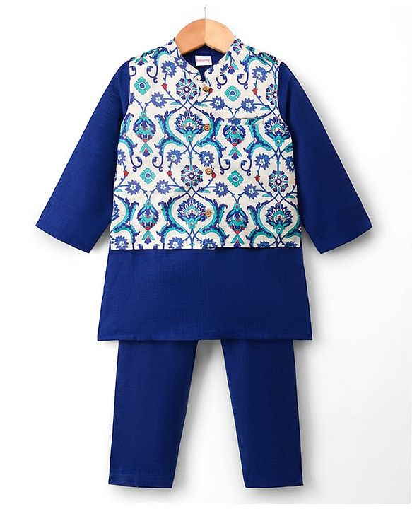 Babyhug Cotton Blend Woven Full Sleeves Kurta Pyjama Set With Floral Printed Nehru Jacket - Navy Blue
