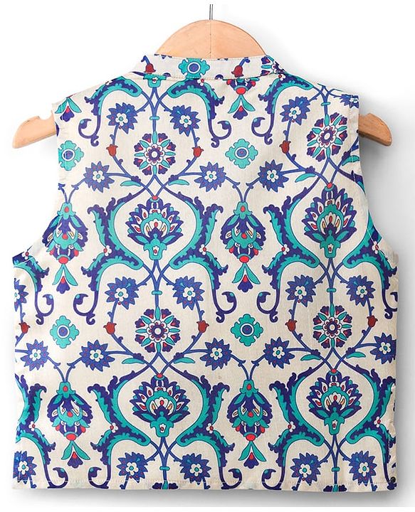 Babyhug Cotton Blend Woven Full Sleeves Kurta Pyjama Set With Floral Printed Nehru Jacket - Navy Blue