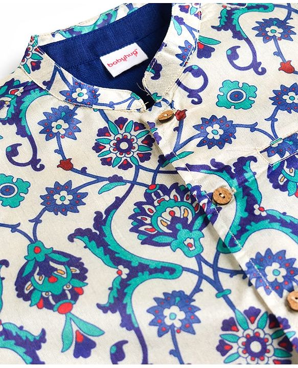Babyhug Cotton Blend Woven Full Sleeves Kurta Pyjama Set With Floral Printed Nehru Jacket - Navy Blue
