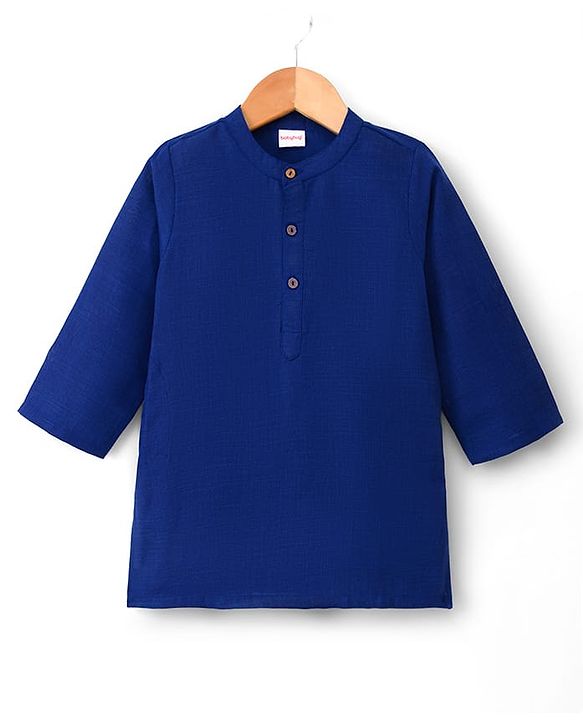 Babyhug Cotton Blend Woven Full Sleeves Kurta Pyjama Set With Floral Printed Nehru Jacket - Navy Blue