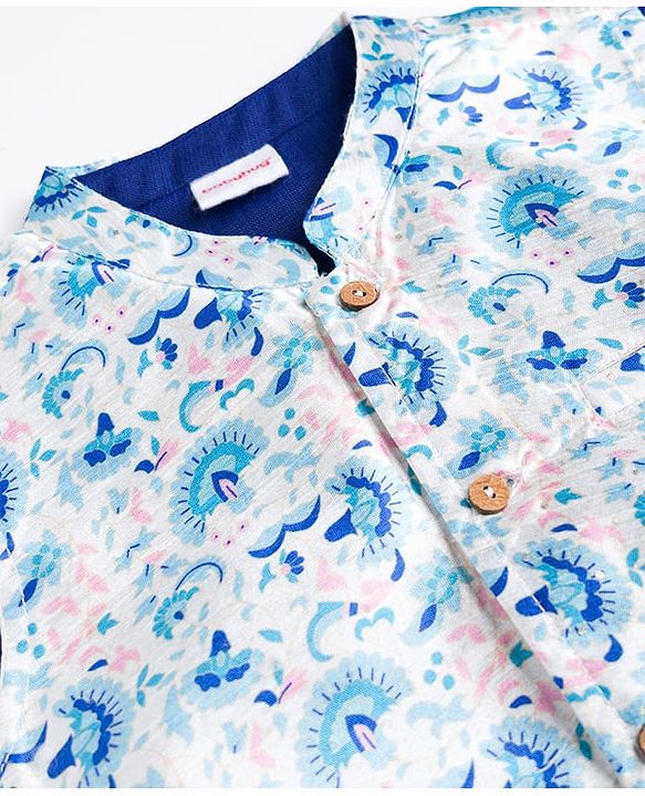 Babyhug Cotton Blend Woven Full Sleeves Kurta Pyjama Set With Floral Printed Brocade Nehru Jacket - Blue