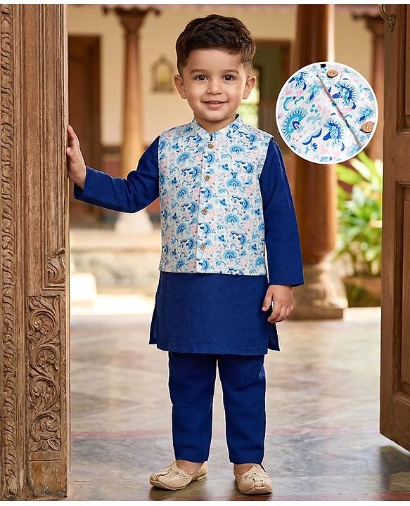 Babyhug Cotton Blend Woven Full Sleeves Kurta Pyjama Set With Floral Printed Brocade Nehru Jacket - Blue