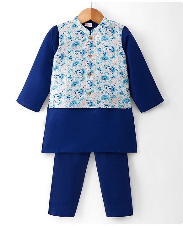 Babyhug Cotton Blend Woven Full Sleeves Kurta Pyjama Set With Floral Printed Brocade Nehru Jacket - Blue