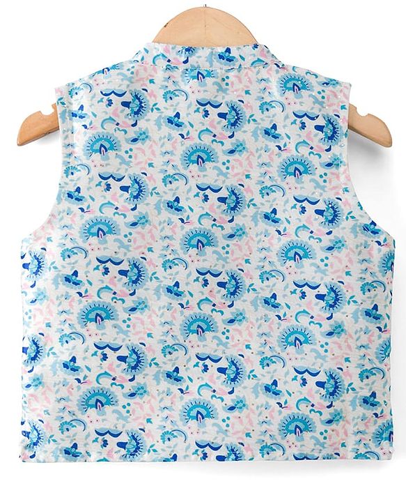 Babyhug Cotton Blend Woven Full Sleeves Kurta Pyjama Set With Floral Printed Brocade Nehru Jacket - Blue