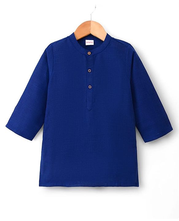Babyhug Cotton Blend Woven Full Sleeves Kurta Pyjama Set With Floral Printed Brocade Nehru Jacket - Blue
