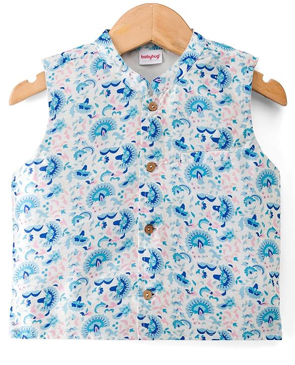 Babyhug Cotton Blend Woven Full Sleeves Kurta Pyjama Set With Floral Printed Brocade Nehru Jacket - Blue