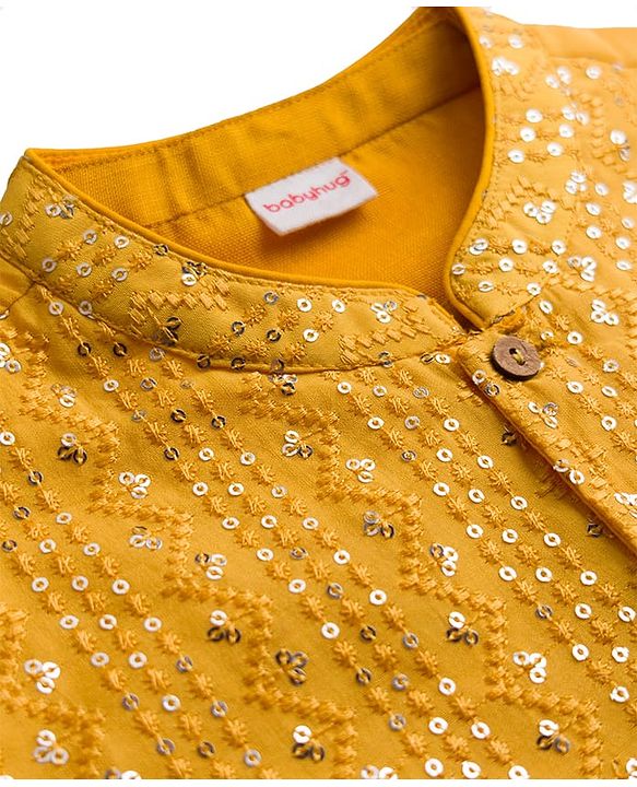 Babyhug Cotton Blend Woven Full Sleeves Kurta Pyjama Set With Sequinned & Embroidered Jacket - Yellow