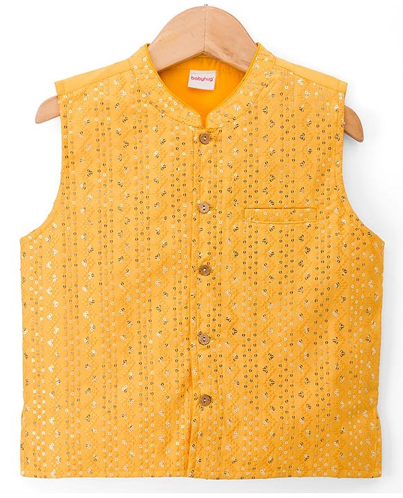 Babyhug Cotton Blend Woven Full Sleeves Kurta Pyjama Set With Sequinned & Embroidered Jacket - Yellow
