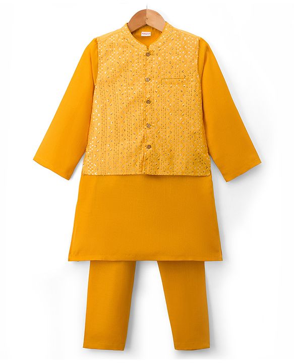Babyhug Cotton Blend Woven Full Sleeves Kurta Pyjama Set With Sequinned & Embroidered Jacket - Yellow