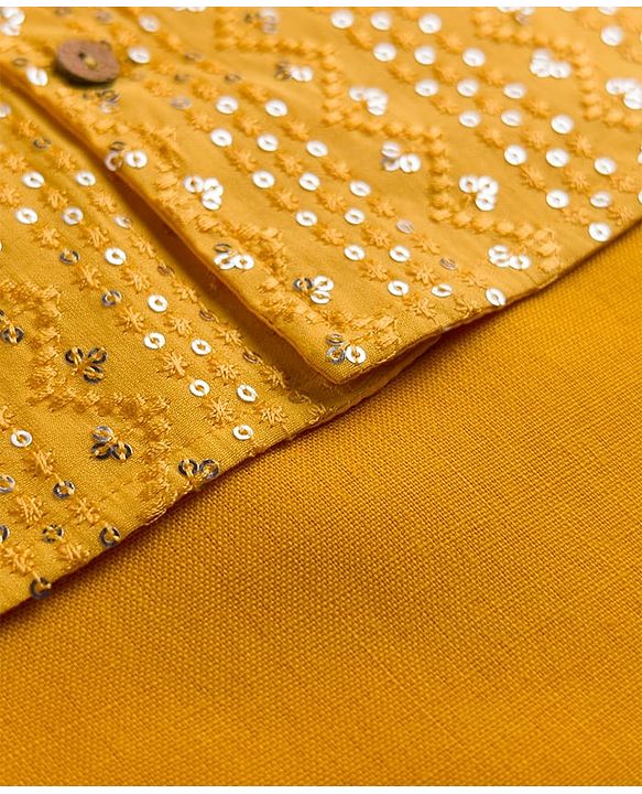 Babyhug Cotton Blend Woven Full Sleeves Kurta Pyjama Set With Sequinned & Embroidered Jacket - Yellow